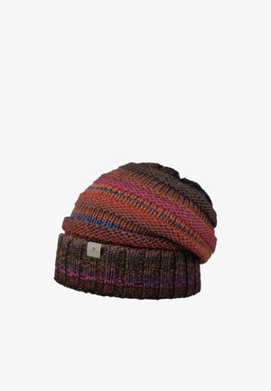 Knitted wool beanie with folded ribbed brim, featuring horizontal stripes in brown, orange, pink, and blue hues, with a small fabric brand tag.