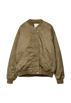 Olive green bomber jacket with a smooth texture, zip front, snap closure, and ribbed cuffs and hem. Features side pockets and quilted lining.