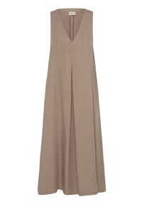 Robe midi taupe sans manches avec un décolleté en V profond et un pli central à l’avant, réalisée en tissu léger et lisse.