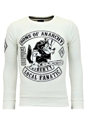 Witte sweatshirt met lange mouwen, voorzien van een zwarte grafische afbeelding van een wolf die een honkbalknuppel vasthoudt, met de tekst "Sons of Anarchy" en "Local Fanatic".
