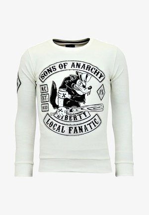 Witte sweatshirt met lange mouwen, voorzien van een zwarte grafische afbeelding van een wolf die een honkbalknuppel vasthoudt, met de tekst "Sons of Anarchy" en "Local Fanatic".