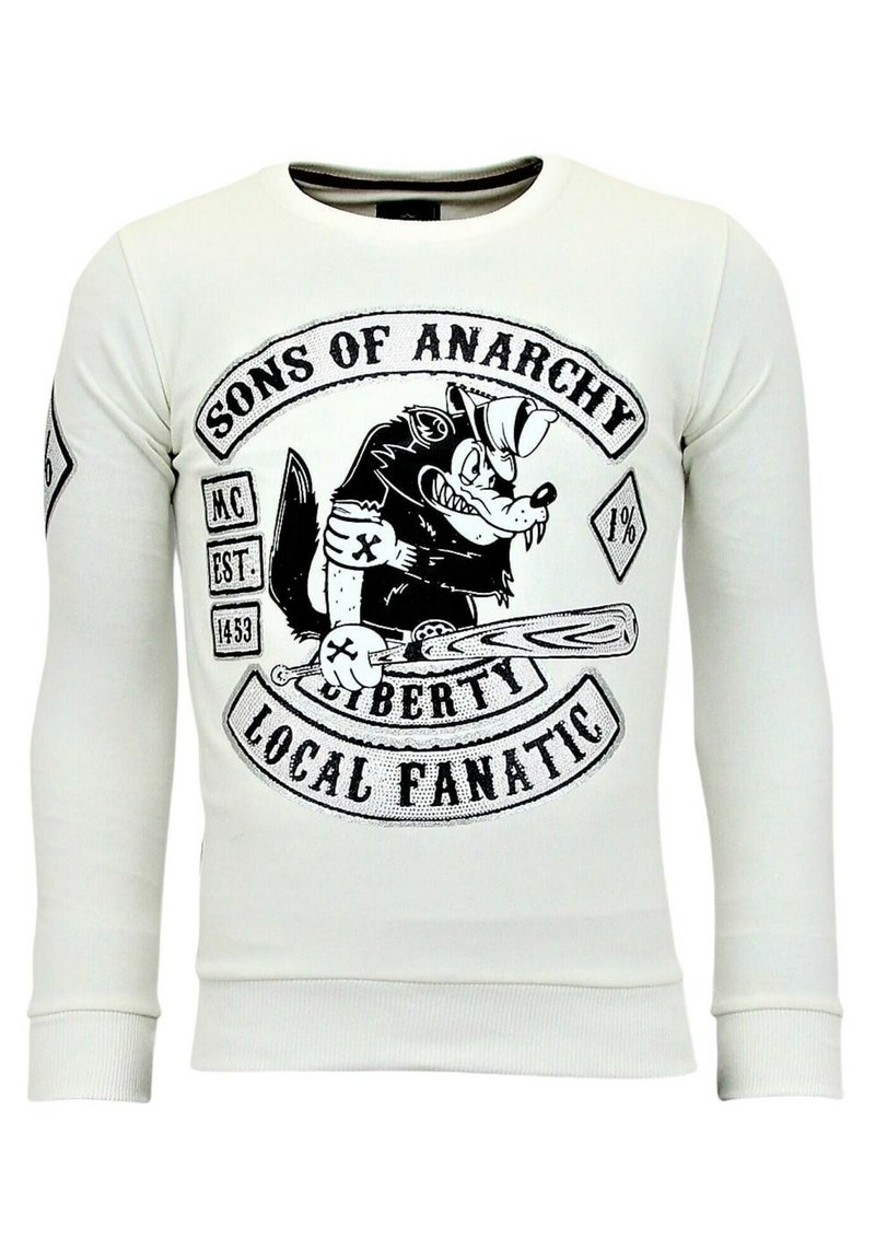 Witte sweatshirt met lange mouwen, voorzien van een zwarte grafische afbeelding van een wolf die een honkbalknuppel vasthoudt, met de tekst "Sons of Anarchy" en "Local Fanatic".
