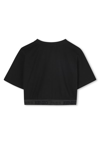 T-shirt nera cropped con maniche corte e collo rotondo a coste. Presenta un orlo elastico con marchio con la scritta "KENZO PARIS" in nero.