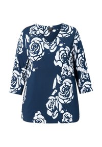 Marineblaues Oberteil mit V-Ausschnitt und 3/4-Ärmeln, verziert mit einem auffälligen weißen Rosenmuster. Hergestellt aus einem weichen, elastischen Material.