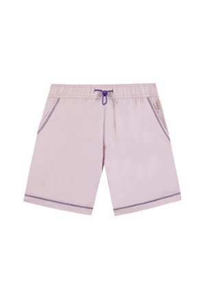 Hellrosa Badeshorts mit elastischem Bund, lila Kordelzug, Seitentaschen und lila Ziernähten.