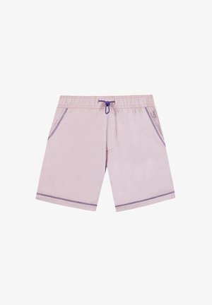 Lichtroze zwemshorts met elastische tailleband, paarse trekkoord, zijzakken en paarse stikselaccenten.