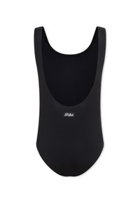 Costume da bagno intero nero con scollatura a barchetta, texture morbida e dettagli di branding minimali sul davanti.