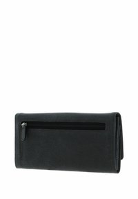 Portefeuille en cuir noir avec une finition texturée, doté d'une poche avant zippée et d'un design plié. Disposition compacte et fonctionnelle.