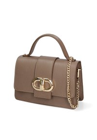 Borsa a mano in pelle marrone chiaro con una forma strutturata, accessori in oro, chiusura frontale, manico superiore e una tracolla a catena removibile.