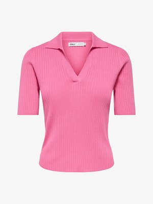 Pull côtelé rose à manches courtes avec col en V et col, style ajusté de la marque Only.