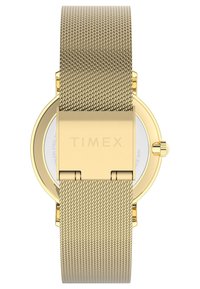 Montre Timex couleur or avec un bracelet en maille, boîtier en métal lisse et cadran rond, dotée d'une couronne pour les réglages.