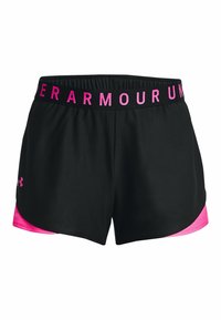 Černé sportovní šortky s růžovým elastickým pasem s výrazným nápisem "UNDER ARMOUR". Šortky mají růžový boční akcent.