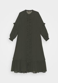 Vestido verde oliva hecho de tela suave, con un fruncido en la parte delantera, escote redondo y mangas abullonadas con detalles de volantes. Diseño de media longitud.