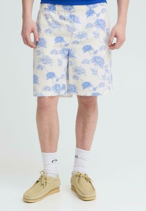 Mand iført cremefarvede shorts med blåt blomstermønster, hvide sokker, beige snøresko og en blå skjorte, stående med armene afslappede.