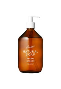 Braune Amber-Pumpflasche mit weißem Deckel, beschriftet mit "Naturseife Kräutergarten", zeigt ein minimalistisches Design und klare Schrift.