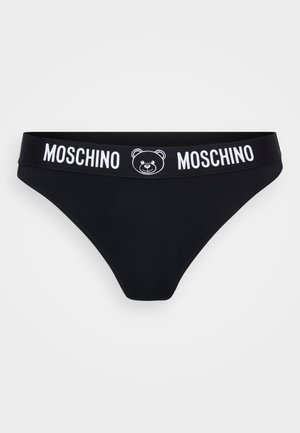 Culotte de bikini noire en tissu doux et extensible. Présente une taille large affichant "MOSCHINO" et un graphique d'ours en blanc.
