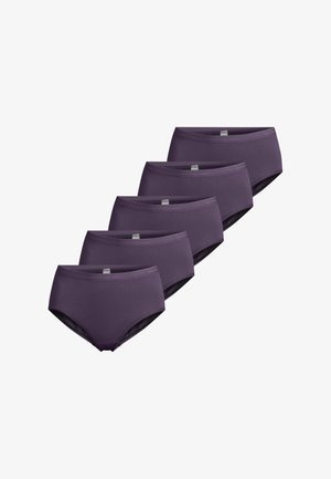 Pack of five purple cotton hipster panties with a smooth waistband and no visible seams, featuring a logo tag on each piece.