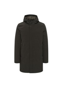 Mörkgrön knälång jacka i slät tyg. Har en huva, dragkedja framtill och två sidofickor. Enkel, ren design.