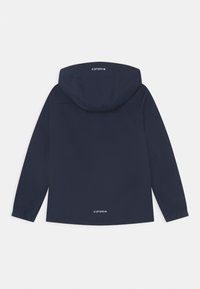 Giubbotto blu navy con cappuccio, texture liscia, polsini elasticizzati e logo sul retro. Design semplice, adatto per l'uso all'aperto.