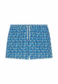 Costum de baie cu un fundal albastru, având un model repetat de pahare colorate de cocktail. Material ușor, respirabil, cu talie elastică.