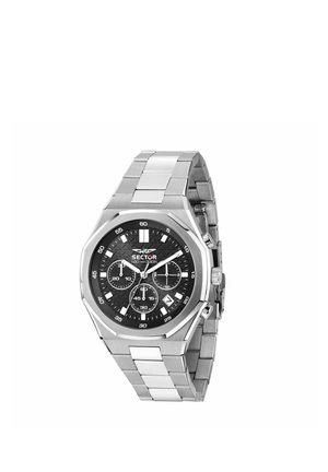 Orologio da polso in acciaio inox con quadrante nero, tre sub-quadranti, finestra della data e lancette luminose su bracciale a maglie in metallo.