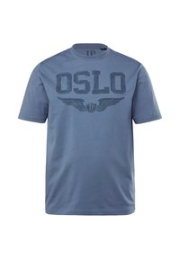 Krátký rukáv, modré bavlněné tričko s tmavě modrým potiskem "OSLO" a křídly. Klasický kulatý výstřih a volný střih.