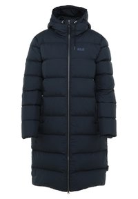 Lång marinblå pufferjacka med huva, med kviltat mönster, framzipper och sidofickor. Materialet verkar slätt och isolerat.