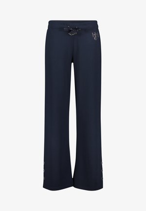 Granatowe spodnie dresowe wykonane z miękkiego materiału, z elastycznym sznurkiem w pasie i guzikami przy kostkach umożliwiającymi regulację dopasowania.