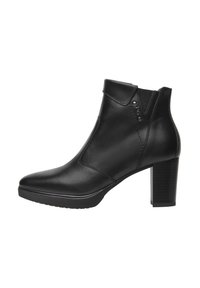 Bottines en cuir noir avec un bout pointu, un talon bloc haut et des panneaux latéraux élastiques pour un enfilage facile. Texture lisse avec un minimum de détails.