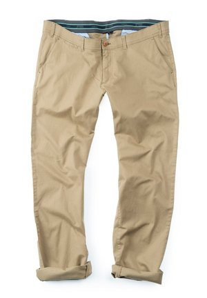 Beige katoenen broeken met opgerolde manchetten, voorzien van een knoopsluiting en een contrasterende groene binnenband met een subtiel patroon.