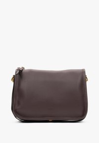 Brown leather crossbody bag with a smooth texture, rectangular shape, gold hardware accents, and a magnetic flap closure.