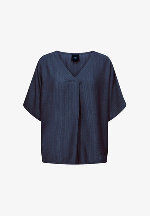 Top azul marino hecho de tela texturizada, con escote en V y mangas cortas. Corte holgado con un detalle de pliegue central.