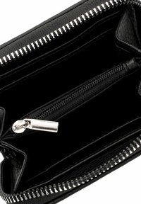 Black leather wallet with a zip closure, featuring multiple card slots and a small zippered coin pocket. Textured surface and silver hardware.