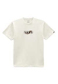 Bílý bavlněný tričko s grafikou loga "VANS" a designem ostnatého drátu s texturovaným zvířecím vzorem. Krátké rukávy, kulatý výstřih.