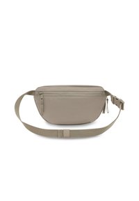 Puha bézs anyagú övtáska, cipzáros fő rekesszel, állítható pánttal és sima, lekerekített formával. Texturált elülső panel részlet.