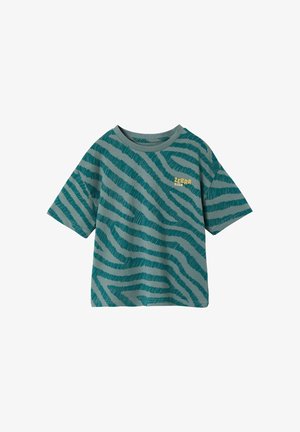 Short-sleeve gray t-shirt with teal zebra stripes and yellow "Zebra Club" text on the chest.