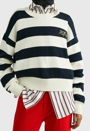 Maglione a righe blu navy e bianche con polsini a costine, indossato sopra una camicia a righe rossa con colletto, abbinato a pantaloni rossi.