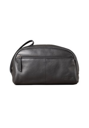 Black leather toiletry bag with a rounded shape, featuring a front zipper pocket and a top handle for easy carrying. Smooth texture.