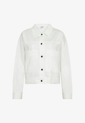 Hvid denimjakke med klassisk krave, sorte knapper, to forlommer og lange ærmer; simpel design med en cropped pasform.