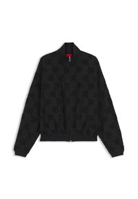 Sort bomberjakke med tekstureret logomønster. Har lynlås foran, ribstrikkede manchetter og taljebånd. Glat materiale med klassisk krave.