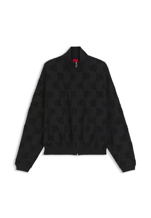 Black bomber jacket with textured logo pattern. Features a zip front, ribbed cuffs, and waistband. Smooth material with a classic collar design.