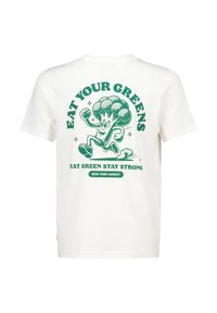White cotton t-shirt featuring a green graphic of a running broccoli character with the text "EAT YOUR GREENS" and "NEW YORK MARKET."