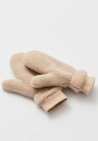 Beige Fleece-Handschuhe mit weicher Textur, gerippten Bündchen und abgerundeten Fingerspitzen. Glatte Oberfläche mit einem flauschigen Gefühl.