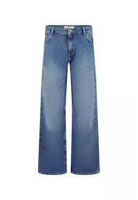 Niebieskie, wysokie dżinsy o szerokich nogawkach z zapięciem na guziki i zamek błyskawiczny, przednimi kieszeniami i szlufkami na pasek, pokazane na białym tle.