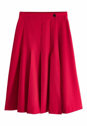Piros térdig érő pliszírozott szoknya magas derékpánttal és jobb oldalon fekete gombos záródással.