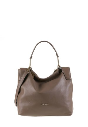 Sac en cuir brun avec une finition texturée, deux poignées et une bandoulière détachable, arborant un accent logo doré à l'avant.