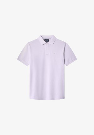 Světle fialová polokošile vyrobená z bavlny, s límečkem, dvoubarevným zapínáním na knoflíky, krátkými rukávy a malým vyšitým logem na hrudi.