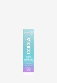 COOLA Make-up-Setting-Spray in einer Box mit einem Farbverlauf von Türkis zu Lila, die SPF 30 und den Text "70 %+ biologische Inhaltsstoffe" deutlich sichtbar zeigt.