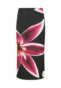 Svart kjol med stora rosa och vita blommönster. Tillverkad av lättviktigt material med elastisk midja för komfort.