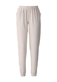 Lichte, elastische broek met verticale strepen in roze, groen en wit. Heeft zijzakken en een taps toelopend ontwerp.